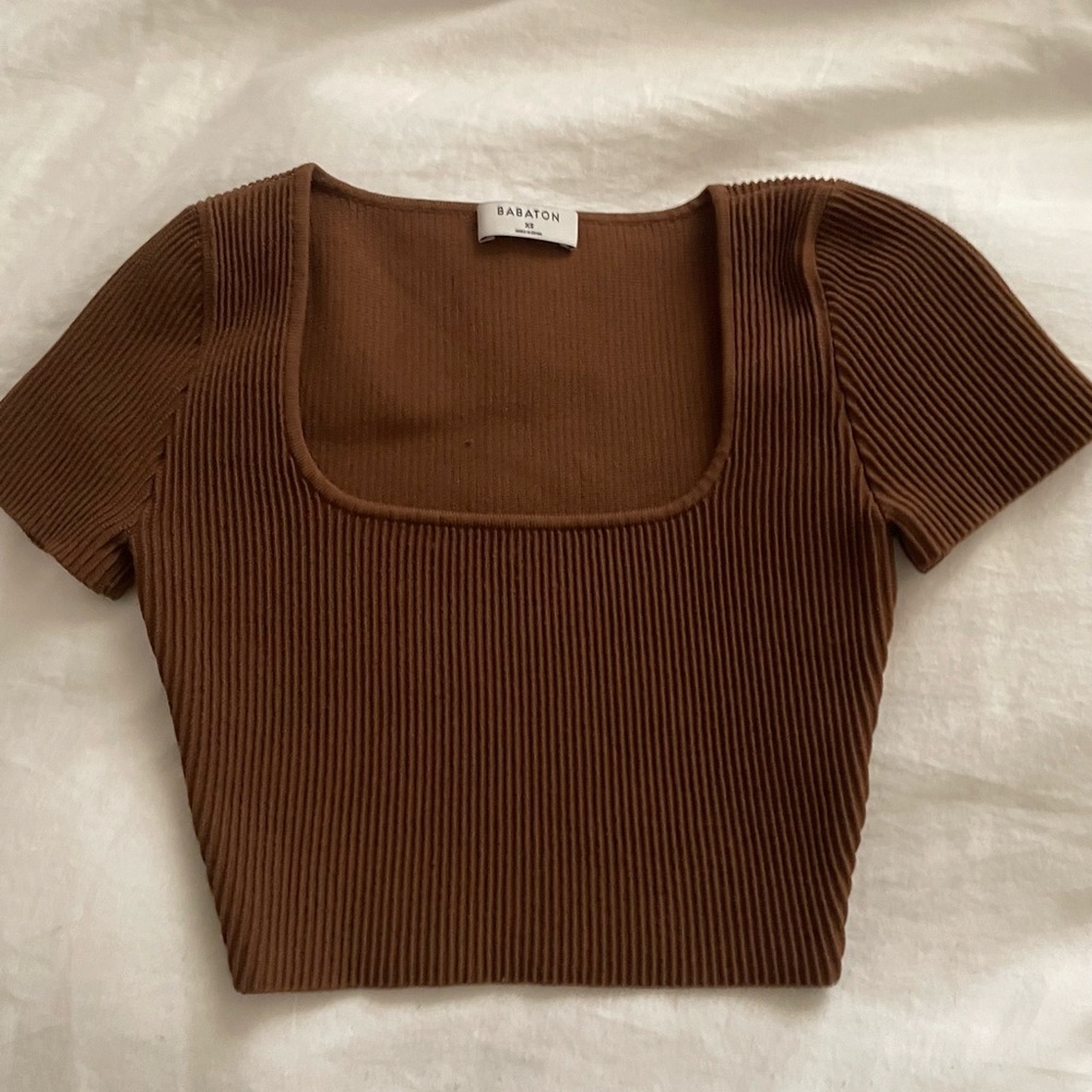 Babaton Brown Ribbed Square Neck Top